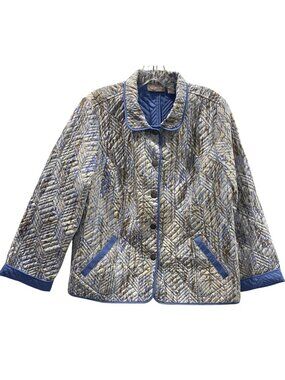 Chicos Quilted Jacket 1 M Blue Tan Abstract Stitch Artsy Lightweight Maximalist